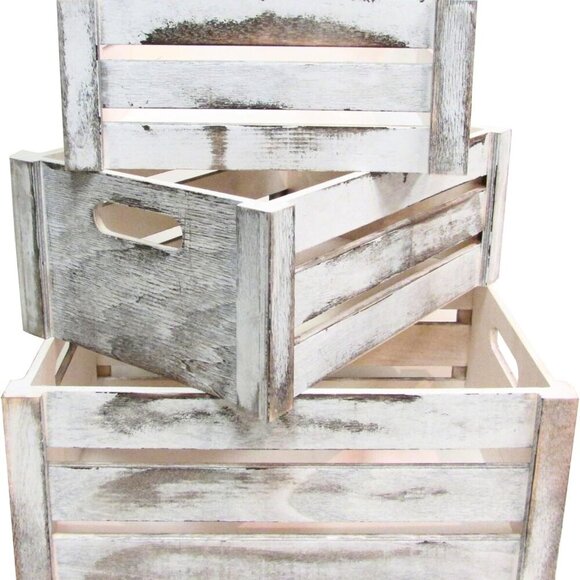 Wooden Crates Storage Container, Rustic White Set of 3, Farmhouse Style Decorati